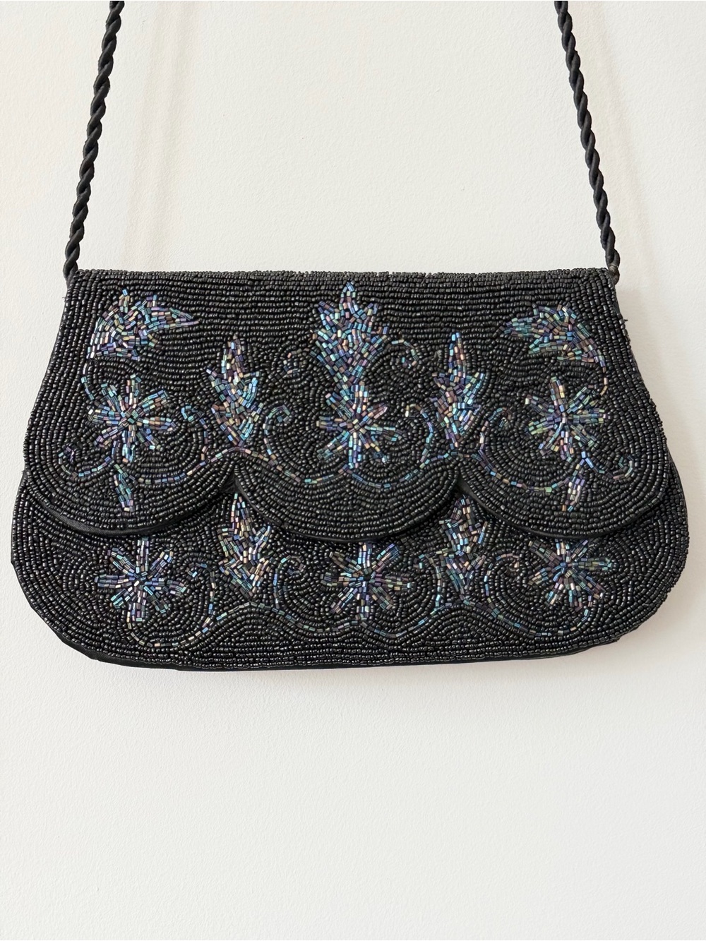 Black Beaded Floral Evening Shoulder Bag Iridescent